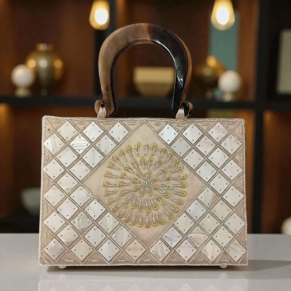 Mod by Design Mother of Pearl Mosaic Bag   Beaded Satin Lucite‎ Handles MCM Vtg